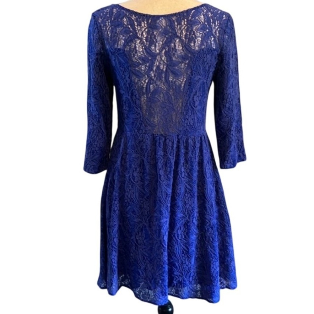 Free People Royal Blue Floral Lace Fit and Flare‎ 3/4 Sleeve Mini Dress Small - Picture 3 of 10